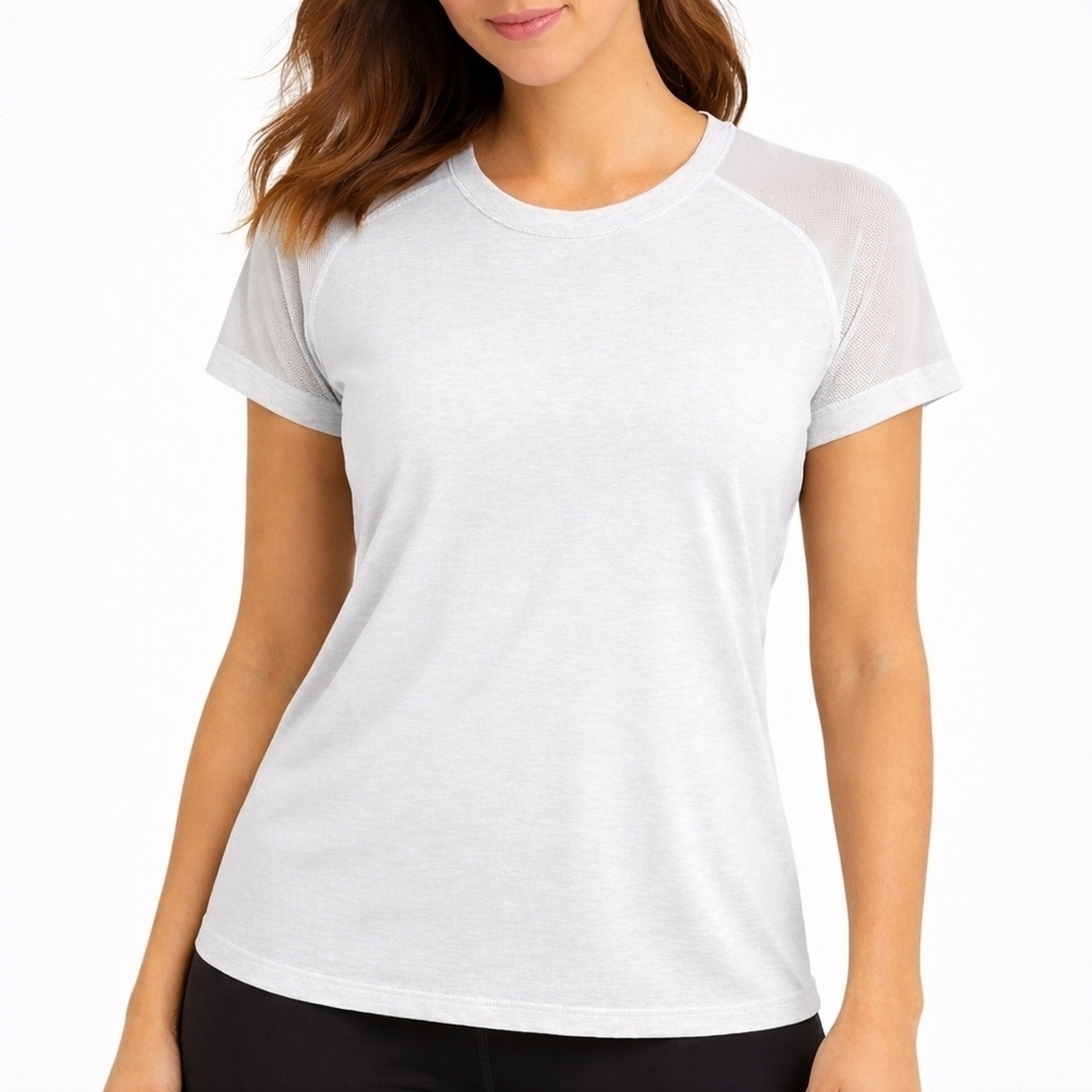 Athleta Mesh Shoulder Active Tee Gray White Workout Top Small